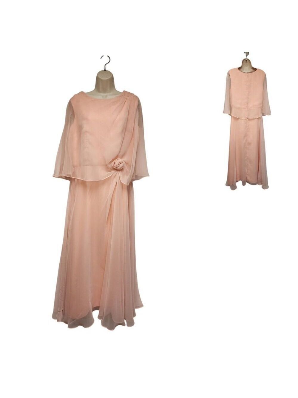 Vintage 70s Peach Formal Gown Maxi A-Line Chiffon Dress Size 14